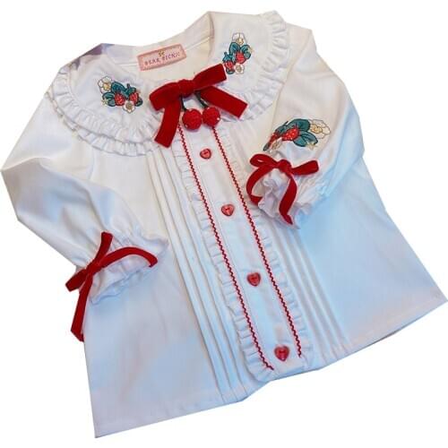 Baby girl Vinatge Spanish lolita cute white blouse Embroidered bow Strawberry heavy-duty top shirt