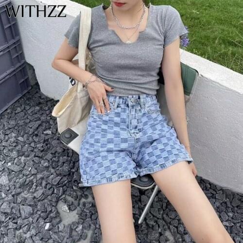 WITHZZ Summer Womens High Waist Straight Pants Checkerboard Style Plaid Jeans Denim Shorts