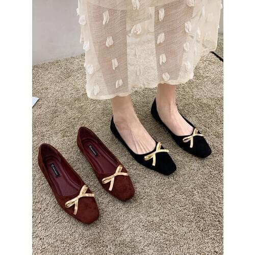 Womens shoes spring 2021 new fashion bow casual suede square toe soft low heels