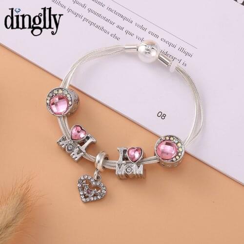 Dinglly New Multi Snake Chain Beads Bracelets For Women Girl Original Pink Heart Mom Charm Bracelet & Bangle Jewelry Gift