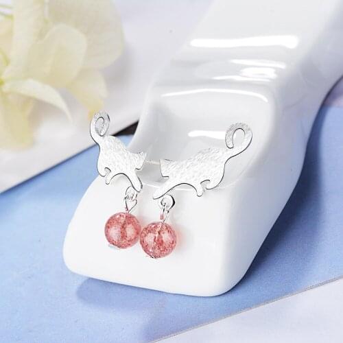 CHE116 Little Cat Animal Strawberry Quartz 925 Sterling Silver Ladies Stud Earrings Wholesale Jewelry Women Gift No Fade Cheap
