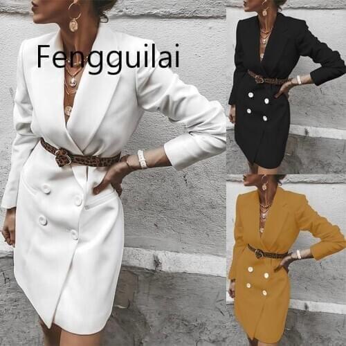 Autumn Winter Women Long Blazer Outerwear Women Double Breasted Pocket Suit Jackets Elegant Long Sleeve Blazers Black White