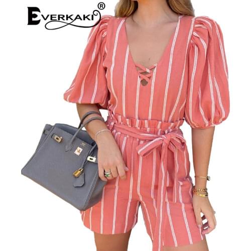 Everkaki Striped Print Top and Shorts 2PCS Sets Suits with Belt Casual Summer Oversize Boho Outfits Chic Suits Sets Female 2021