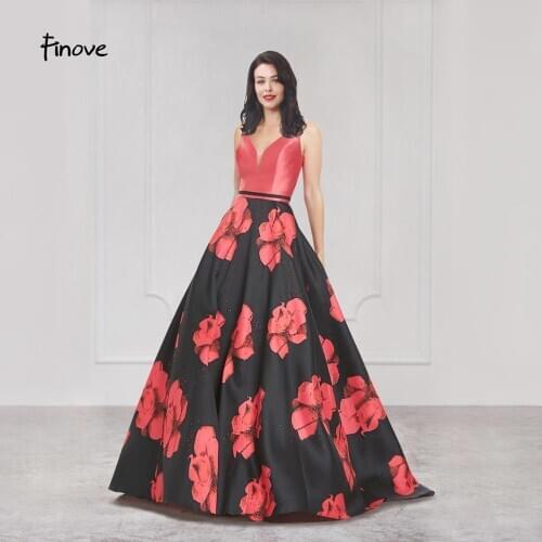 Finove Prom Dress Floral Print Sexy V Neck New Back Elegant A Line Formal Party Evening Dress Robe De Soiree