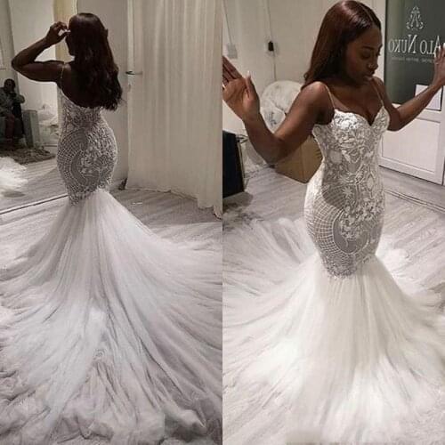 South African Mermaid Wedding Dress Bridal Gown Sexy V Neck Spaghetti Straps Lace Pattern Tulle Long Vestido de noiva