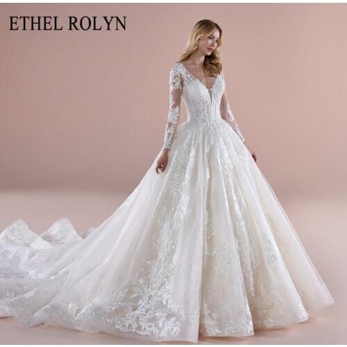 ETHEL ROLYN A-Line Wedding Dress 2020 Princess Long Sleeve V-Neck Beading Appliques Lace Up Bridal Gowns Vintage Bride Dresses
