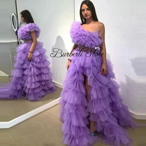 One Shoulder Lavender Tulle Girls Dress To Graduation Party Sexy Slit Ruffles Puffy Prom Gowns Custom Made Formal Party Dress