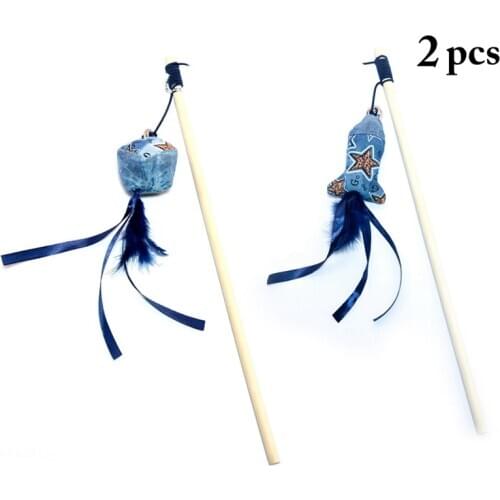 2pcs Pet Cat Teaser Toys Feather Wand Cat Catcher Teaser Stick Cat Interactive Toys Wood Rod Mouse Toy With Mini Bell