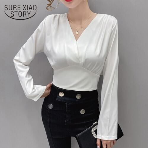 2020 Autumn New Korean Fashionable Long Sleeve Satin Blouse Women Sexy V-neck Slim Bottoming Shirts White Chemisier Femme 12265