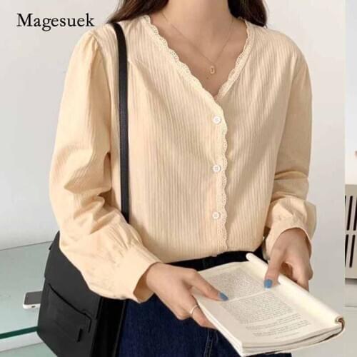 V-neck Korean Tops Loose OL Lace Blouse Long Sleeve Puff Sleeve Women Blouse 2020 Spring Autumn Elegant Chemisier Femme 11190