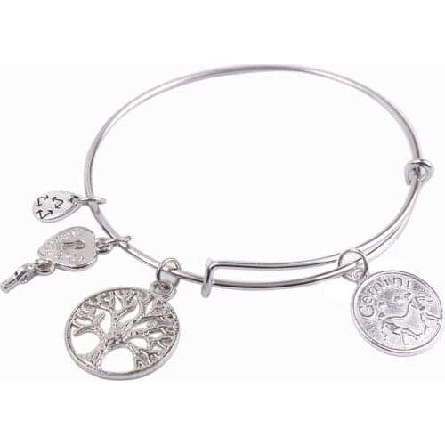 5PCS Silver Color Tone Expandable Wire Zodiac Charm Bracelet Bangles