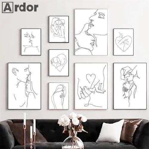 Black And White Line Drawing Couple Kiss Canvas Prints Heart Art Painting Hand In Hand Poster Minimalist Pictures Home Decor