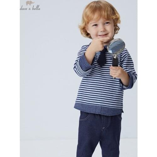 DBX18611 dave bella autumn baby boys casual cartoon striped print tie T-shirt children tops kids boy fashion tees