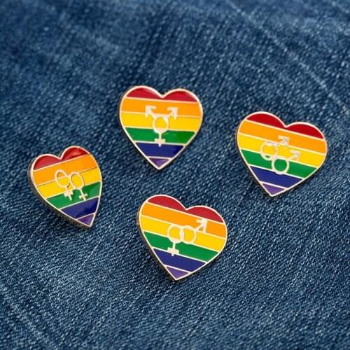 Enamel LGBT Pride Rainbow Heart Brooch Pin Lesbians Gays Bisexual Transgender Sign Badge Gold Silver Color Pins Jewelry