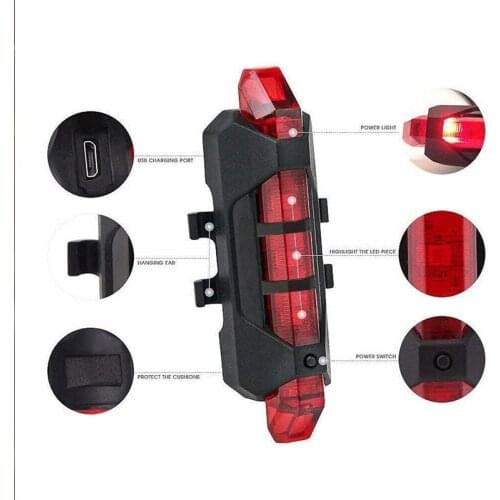 USB Rechargeable 5 LED Bike Light Waterproof Bicycle Light MTB Road Bike Accessories Rear Light Cycling Safety Warning Taillight