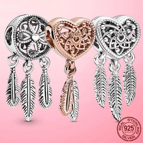 Hot Sale 925 Sterling Silver Spiritual Dreamcatcher Charm Feather Beads fit Original Pandola Bracelet 2021 DIY fine jewelry gift