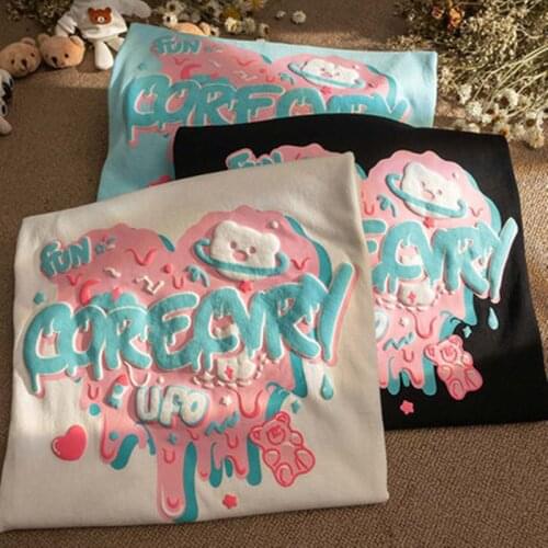 Harajuku Women T shirts Dissolving love Cute Bubble Ice Cream Bear INS Chic Vintage Short Sleeve Summer Top Tee