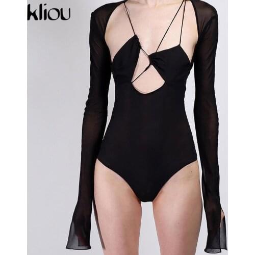 Kliou Hollow Out Bandage Mesh Flare Sleeves Patchwork Women Bodysuits Asymmetrical Skinny Sexy Club Party Clothes Vacation Wear
