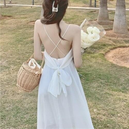 Backless Sexy Strap Dresses for Women Party Korean Summer Beach White Midi Dress Lace-up Satin Holiday Romantic Fairy Dress 2021