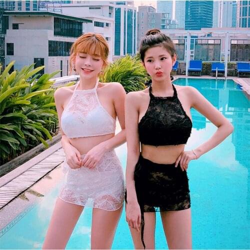 Bikini Three-Piece Suit Swimsuit Women Lace Black Backless Strappy Swimwear Bathing Beachwear Monokini Beach Swimming Summer