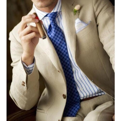 ANNIEBRITNEY Khaki Linen Wedding Suits For Men Casual Groom Tuxedos Summer Beach Groomsman Prom Party Suit Costume Custom Suits