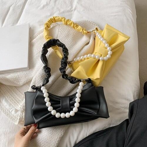 Fashion Women Bowknot Pearl Chain Pleated Shoulder Bags Elegant PU Leather Underarm Bag Ladies Solid Color Small Purse Handbags