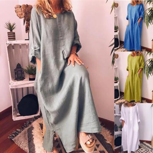 Muslim Abaya Women Fashion Cotton and Linen Solid Color Ankle Dress Summer Plus Size Casual Round Neck Islamic Clothing