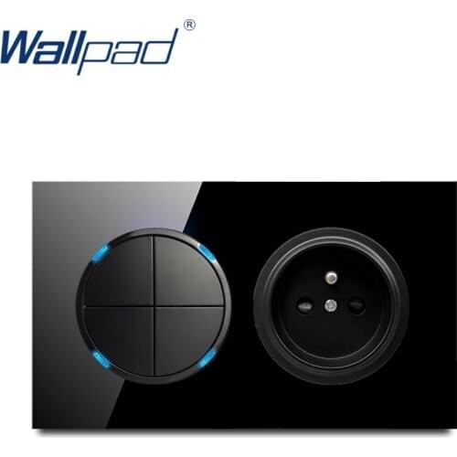 Wallpad 4 Gang 2 Way With EU French Socket Push Button Wall Light Switch With LED Indicator Crystal Glass Panel 146*86mm