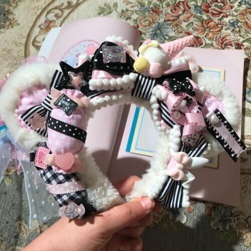 Black Pink Lolita Bears ear Hair Hoop Cosplay Handmade Sweet Princess Headwear Props The ice cream fell on the bears head KC