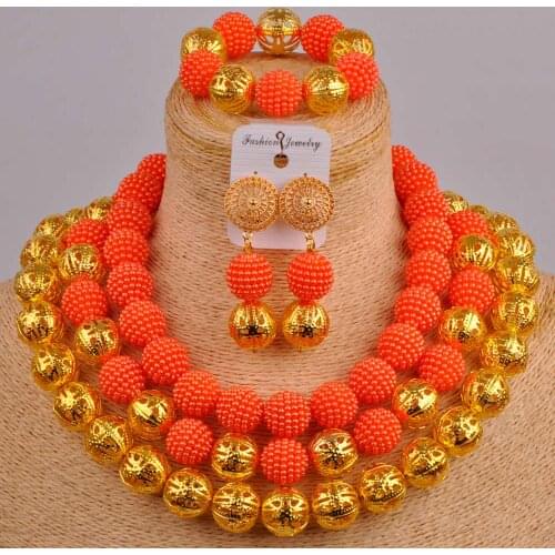 Orange Imitation Pearl Beads African Jewelry Set Nigerian Wedding Necklace Sets Bracelet Earrings for Womens FZZ47