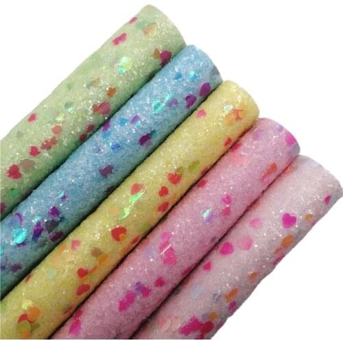 Pastel Colors Chunky Glitter Vinyl Fabric Sheet Twill Backing with Pink Hearts Synthetic Leather Faux Vinil DIY A4 SIZE T570B