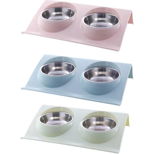 Drinking Feeding Dual-Use Food Feeder Non Slip Stainless Steel Double Bowl Pet Cat Dog Feeder Drinking Food Dish Bowl