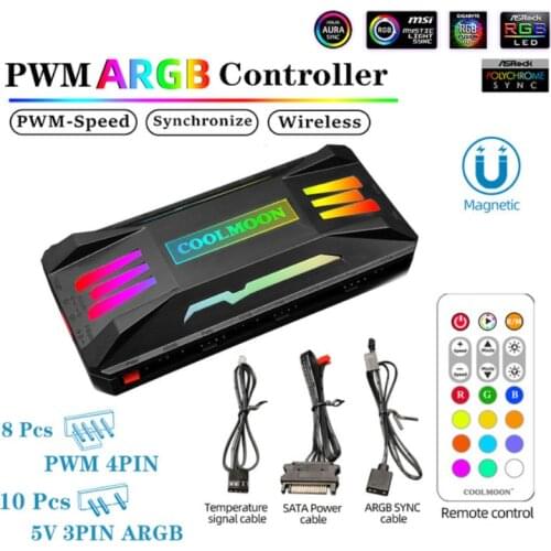 ARGB Controller 4Pin PWM 5V 3Pin ARGB Fan Cooler Remote Control For Computer PC Desktop 8x 4PIN (PWM) +10x 3PIN (ARGB Interface)