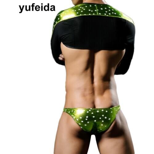 Christmas Bronzing Men Clothes Set Stage Crazy Night Show Clubwear PU Leather Sexy Men Undershirts Tank Tops Briefs Underwear