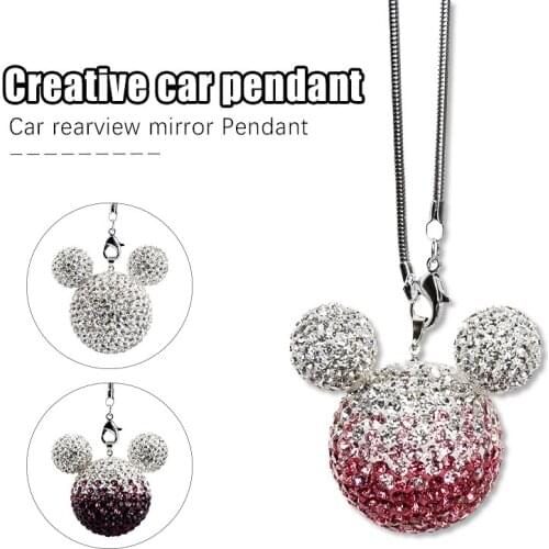 Rhinestone Crystal Ball Car Pendant Cute Cartoon Mickey Bling Car Mirror Hanging Accessories Girls Women Car Interior Decoration