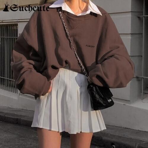 SUCHCUTE Autumn Fashion Women Oversize Sweatshirts Streetwear Goth Aesthetics Letter Print 90s Longslive Loose Brown Tops