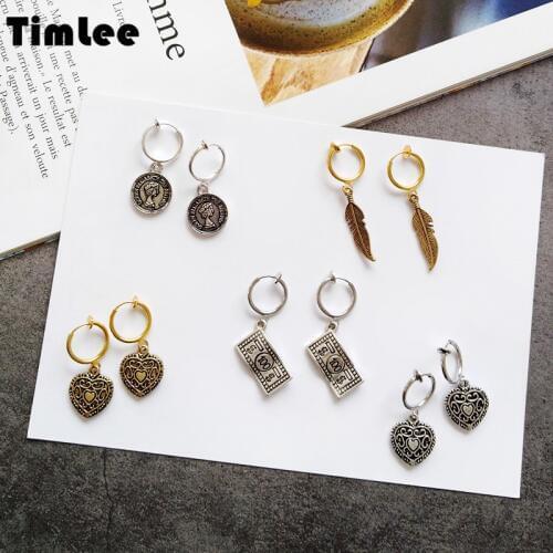 Timlee E132 Free shipping New Personality Leaf Heart Portrait Banknotes Alloy Drop Earring Popular Jewelry Wholesale