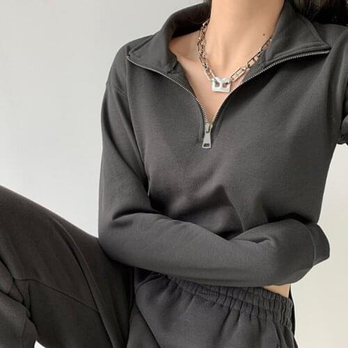 TVVOVVIN Vintage Street Half Zipper Long Sleeve Casual Sports Tops Spring Loose Solid Color Short Women Sweatshirt HBAV