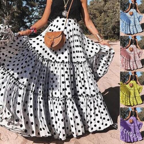 2021 new summer European and American wave dot skirt long skirt Ruffle elastic waist A-shaped fluffy skirt