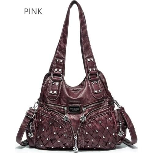 Angelkiss Brand Rivet-Decorated Tie-Dyed Washed PU Women Handbag Large Capacity Lady Messenger Tote with Adjustable Long Strap