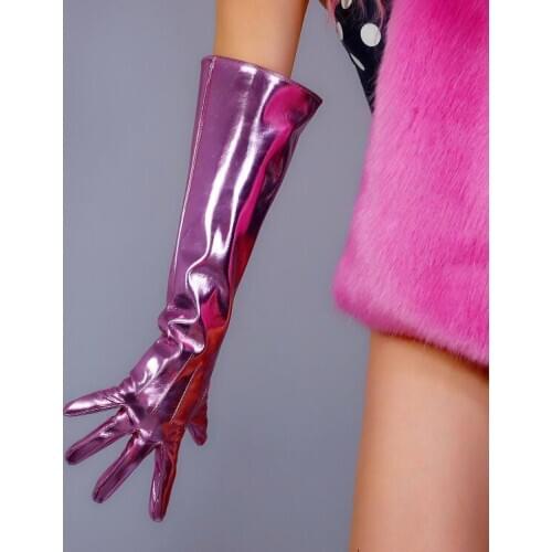 Womens runway fashion shiny pink patent leather glove ladys club performance formal party leather long wide glove 50cm R3030
