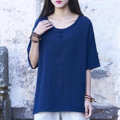 2020 Womens Retro Crewneck Short sleeve Split Baggy Casual Solid Tops Shirt Blouse Plus Size S-6XL