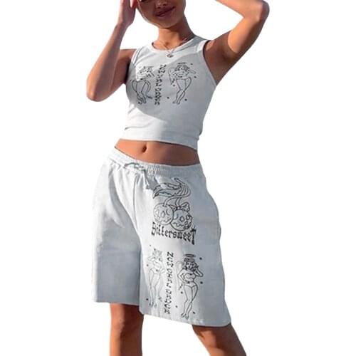 Women White Round Collar Vest, Match with Elastic Waist Printed Pattern Shorts, S/ M/ L