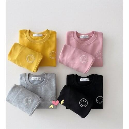 9181 Ins Baby Clothing Set Cartoon Suit Embroidered Smiling Face Casual Sweater Set Autumn Winter 2021 Boy Girls Two Piece Set