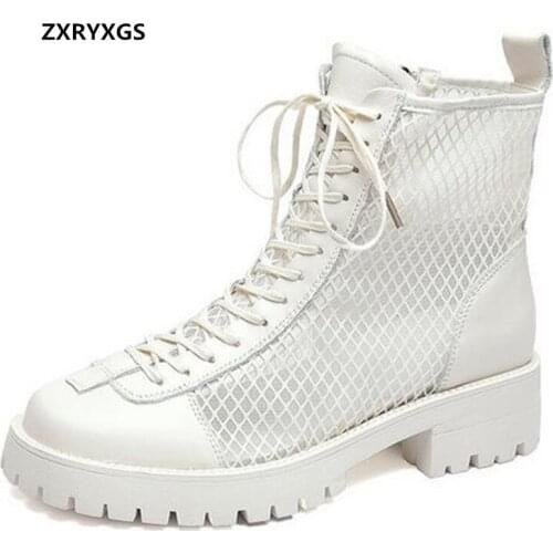 ZXRYXGS Top Cowhide Mesh Summer Boots Women Sandals 2021 New Lace-up Side Zipper Genuine Leather Boots Autumn Martin Boots