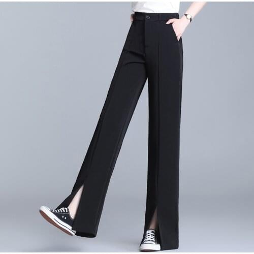 Womens Pants 2021 Korean Fashion Loose Straight Trousers Office Lady High Waist Front Split White Black Casual Wide Leg Pants