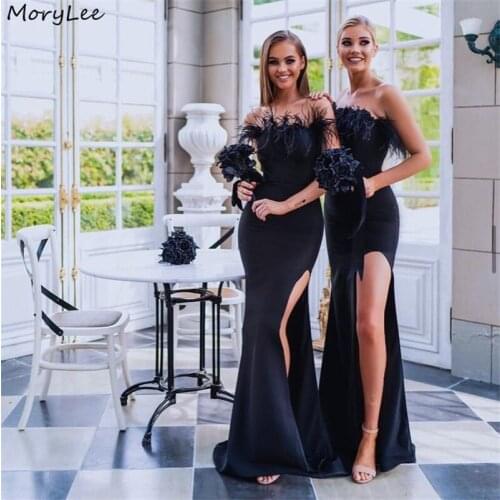 Black Bridesmaid Dresses Feather Strapless Silk Satin Side Slit Mermaid Bridesmaid Dresses Wedding Party Bridesmaid Gowns