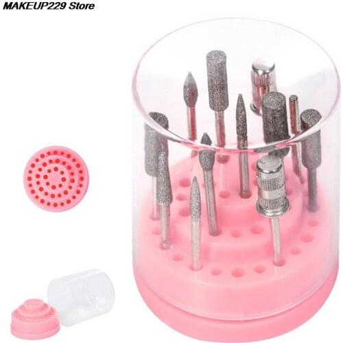 48 Hole Displayer Nail Drill Bit Holder Stand Pink Organizer Manicure Storage Box With Clear Acrylic Cover