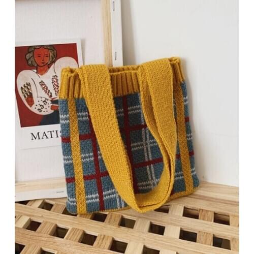Childrens Knitted Plaid Wool Handbag Shoulder Bag Boys and Girls Fashion Accessories Bag