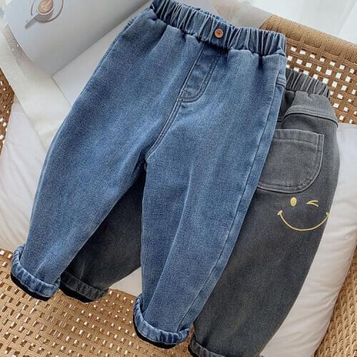Childrens Plus Velvet Jeans Autumn Winter Korean Solid Kids Denim Trousers Casual Elastic Waist Thicken Baby Warm Pants for Boy